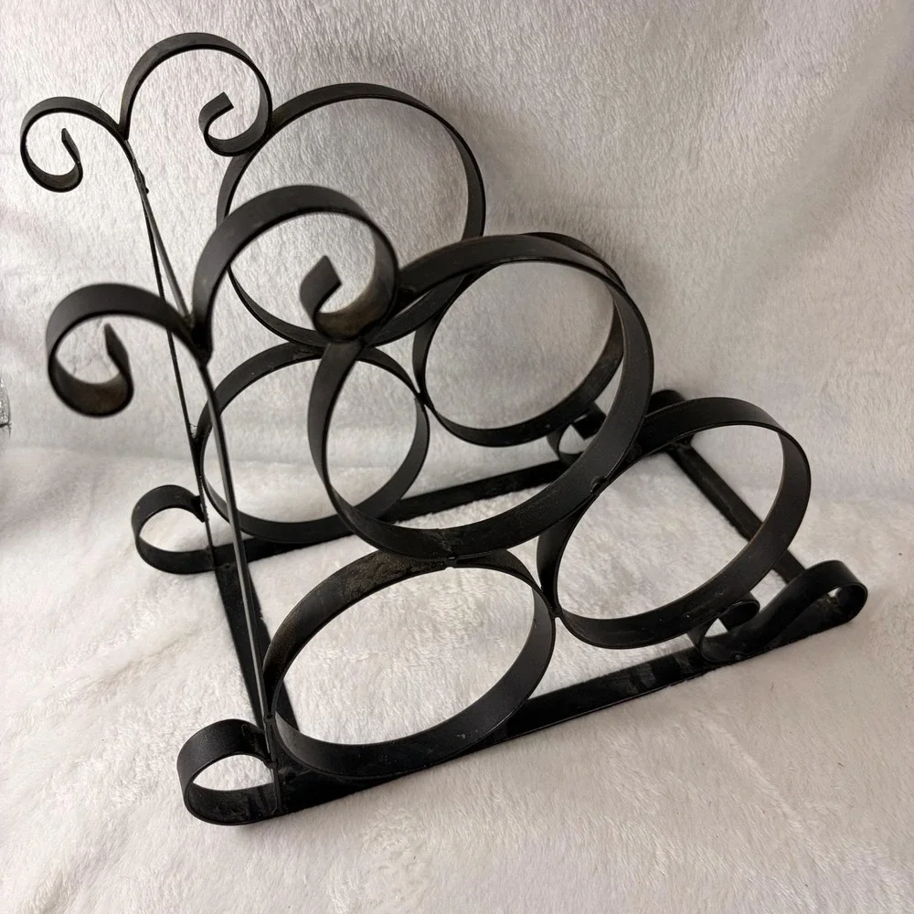 Vintage 80s Wrought Iron‎ 6-Bottle Countertop Wine Rack Ornate Scroll Design GVC